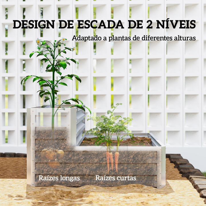 Caixa de Cultivo de 2 Níveis em Aço Galvanizado Floreira Exterior com Design em Escada e Fundo Aberto para Cultivo Plantas Herbári, para Terraço Jardim 120x101x58 cm Prata