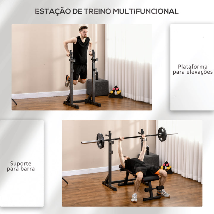 Suporte para Barras de Pesos Multifuncional com Largura e Altura Ajustáveis Suporte de Musculação com Estrutura de Aço Carga 200 kg para Treino em Casa Ginásio 60-87x65x121-158 cm Preto
