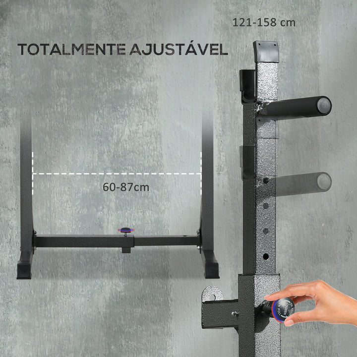 Suporte para Barras de Pesos Multifuncional com Largura e Altura Ajustáveis Suporte de Musculação com Estrutura de Aço Carga 200 kg para Treino em Casa Ginásio 60-87x65x121-158 cm Preto