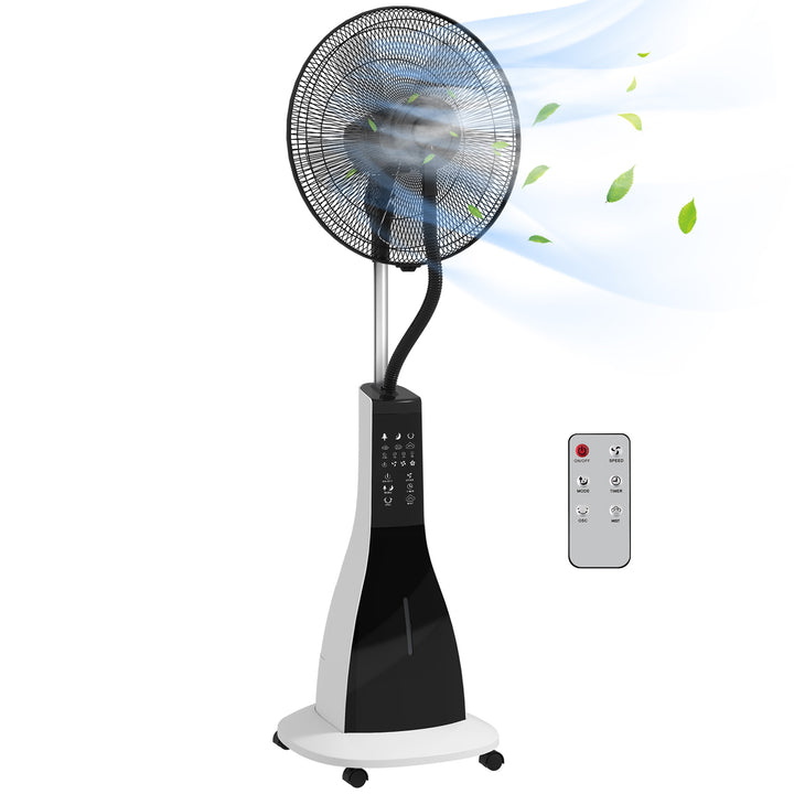 Ventoinha Nebulizadora Ventoinha de Pé com Água Oscilante 90 W Temporizador Depósito 3L Controlo Remoto 3 Velocidades 5 Pás e Ecrã LED Branco e Preto
