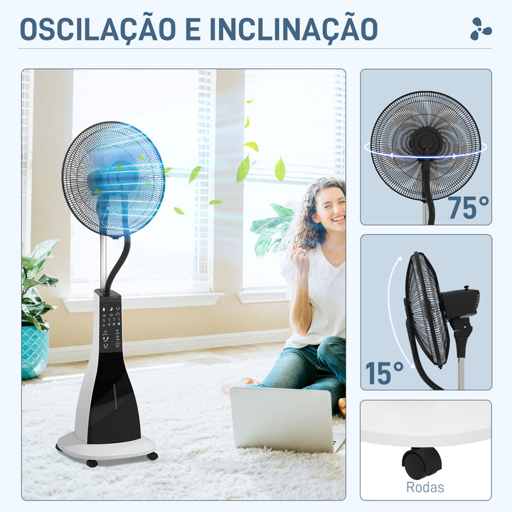 Ventoinha Nebulizadora Ventoinha de Pé com Água Oscilante 90 W Temporizador Depósito 3L Controlo Remoto 3 Velocidades 5 Pás e Ecrã LED Branco e Preto