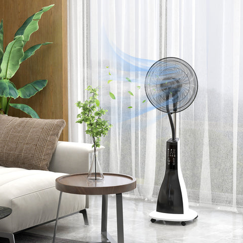 Ventoinha Nebulizadora Ventoinha de Pé com Água Oscilante 90 W Temporizador Depósito 3L Controlo Remoto 3 Velocidades 5 Pás e Ecrã LED Branco e Preto