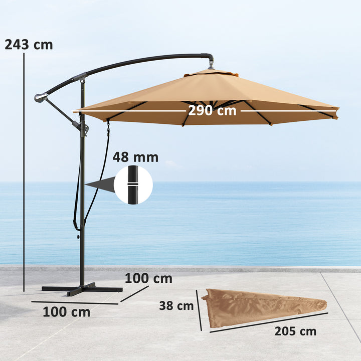 Chapéu de Sol Excêntrico Ø 290 cm Chapéu de Sol de Jardim com Base Cruzada Manivela Capa de Proteção e Corda de Vento Anti UV 50+ Chapéu de Sol para Varanda Cáqui