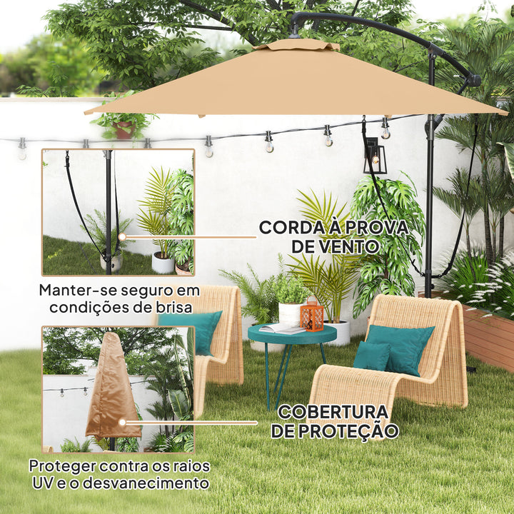 Chapéu de Sol Excêntrico Ø 290 cm Chapéu de Sol de Jardim com Base Cruzada Manivela Capa de Proteção e Corda de Vento Anti UV 50+ Chapéu de Sol para Varanda Cáqui