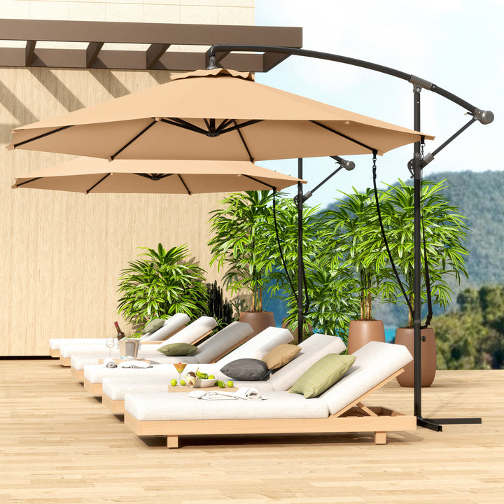 Chapéu de Sol Excêntrico Ø 290 cm Chapéu de Sol de Jardim com Base Cruzada Manivela Capa de Proteção e Corda de Vento Anti UV 50+ Chapéu de Sol para Varanda Cáqui