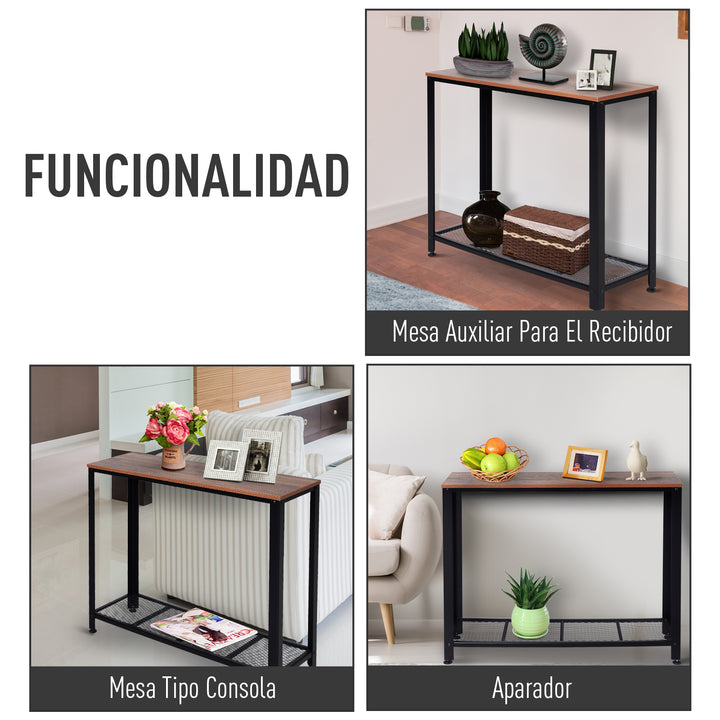 Mesa consola estilo industrial mesa de corredor com prateleira de malha de metal 101x35x80cm 10kg marrom e preto