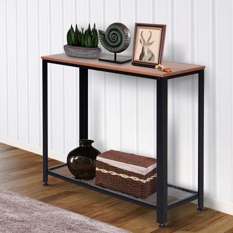 Mesa consola estilo industrial mesa de corredor com prateleira de malha de metal 101x35x80cm 10kg marrom e preto