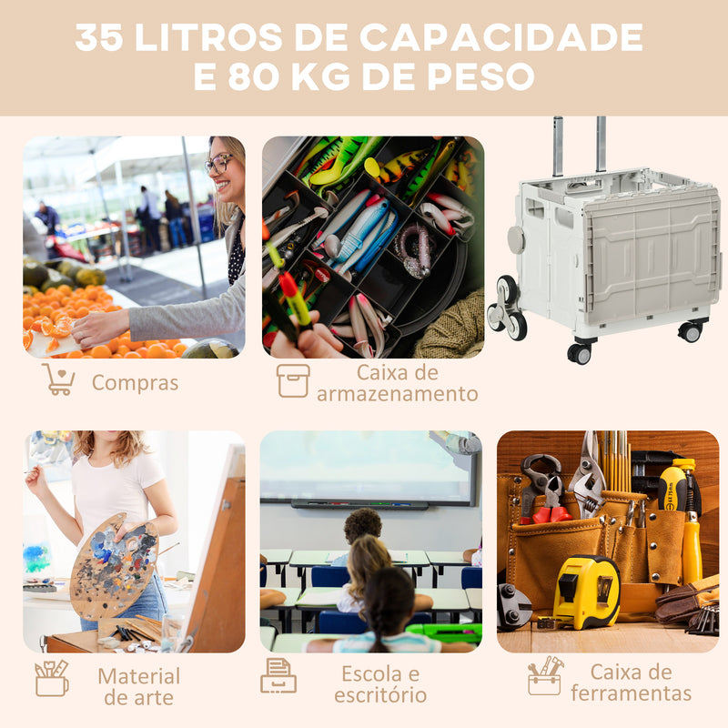 Carrinho de Armazenamento Dobrável Carrinho de Compras com 2 Rodas para Subir Escadas 2 Rodas Universais Ângulo e Comprimento da Pega Ajustáveis Capacidade 35L 48x43x95 cm Branco