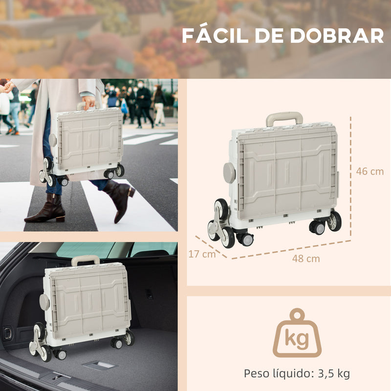 Carrinho de Armazenamento Dobrável Carrinho de Compras com 2 Rodas para Subir Escadas 2 Rodas Universais Ângulo e Comprimento da Pega Ajustáveis Capacidade 35L 48x43x95 cm Branco