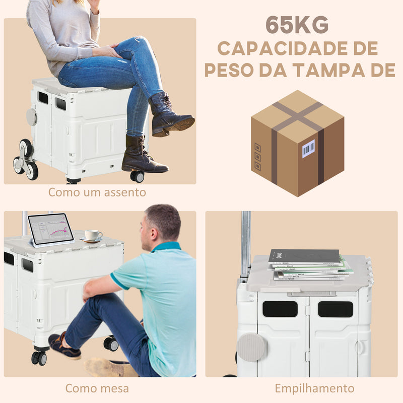 Carrinho de Armazenamento Dobrável Carrinho de Compras com 2 Rodas para Subir Escadas 2 Rodas Universais Ângulo e Comprimento da Pega Ajustáveis Capacidade 35L 48x43x95 cm Branco