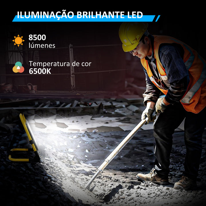 Projetor LED Recarregável com Cabeças e Suporte Ajustáveis 100W 8500 Lúmenes IP65 6500K Refletor LED Resistente à Intemperie Portátil com Pega para Interior e Exterior 35x20x32 cm Amarelo e Preto