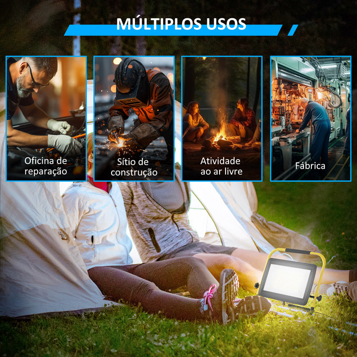 Projetor LED Recarregável com Cabeças e Suporte Ajustáveis 100W 8500 Lúmenes IP65 6500K Refletor LED Resistente à Intemperie Portátil com Pega para Interior e Exterior 35x20x32 cm Amarelo e Preto