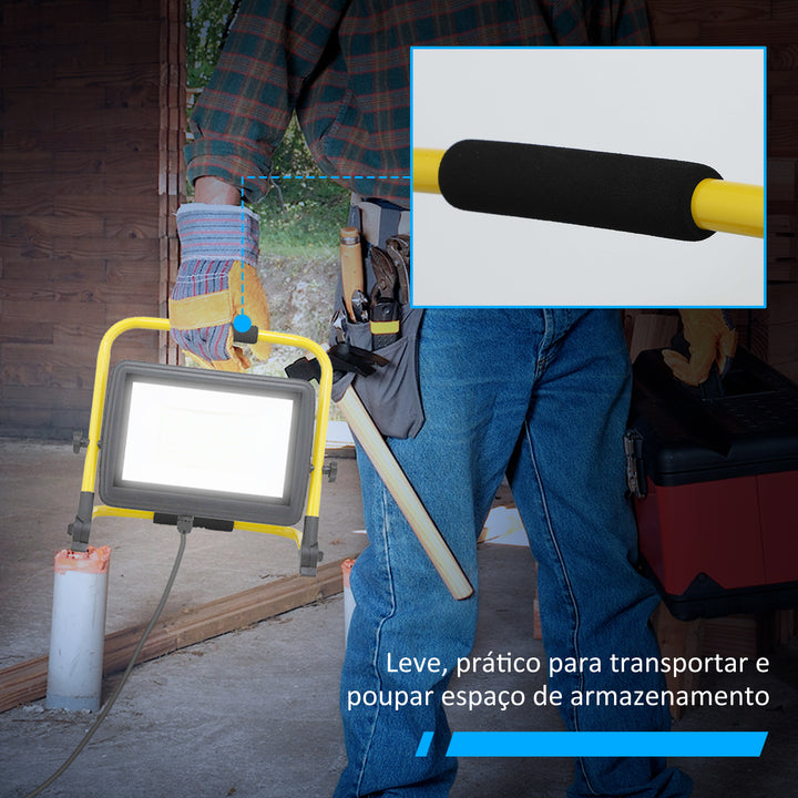 Projetor LED Recarregável com Cabeças e Suporte Ajustáveis 100W 8500 Lúmenes IP65 6500K Refletor LED Resistente à Intemperie Portátil com Pega para Interior e Exterior 35x20x32 cm Amarelo e Preto