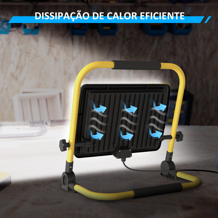 Projetor LED Recarregável com Cabeças e Suporte Ajustáveis 100W 8500 Lúmenes IP65 6500K Refletor LED Resistente à Intemperie Portátil com Pega para Interior e Exterior 35x20x32 cm Amarelo e Preto