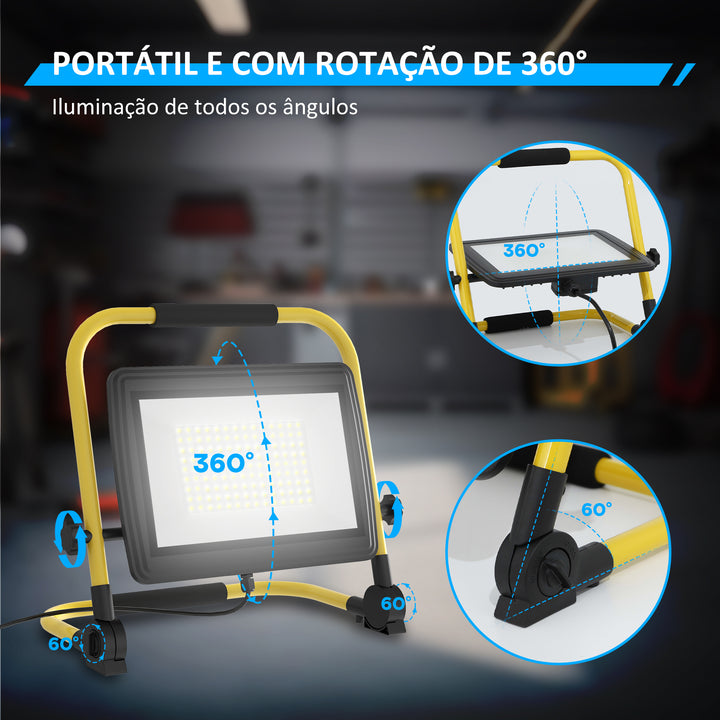 Projetor LED Recarregável com Cabeças e Suporte Ajustáveis 100W 8500 Lúmenes IP65 6500K Refletor LED Resistente à Intemperie Portátil com Pega para Interior e Exterior 35x20x32 cm Amarelo e Preto