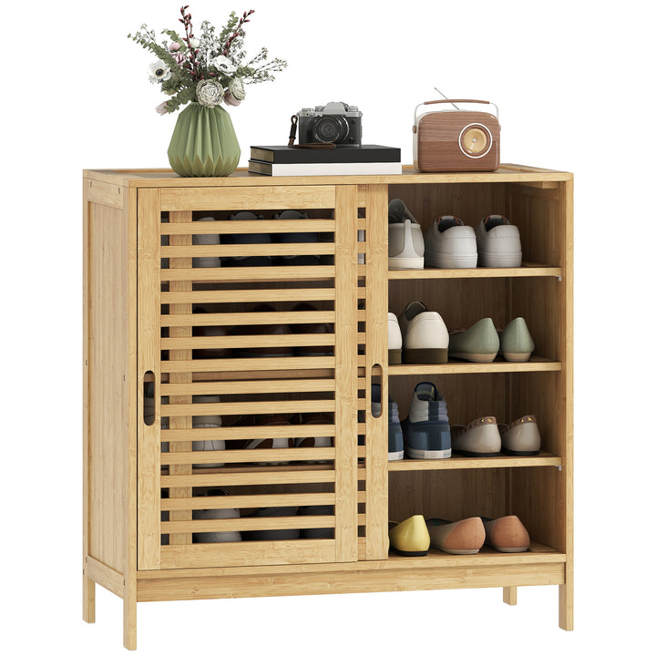 Sapateira de Bambu com 2 Portas de Correr de Ripas Sapateira de Entrada com Prateleiras Ajustáveis para 16 Pares de Sapatos 80x35x80 cm Madeira