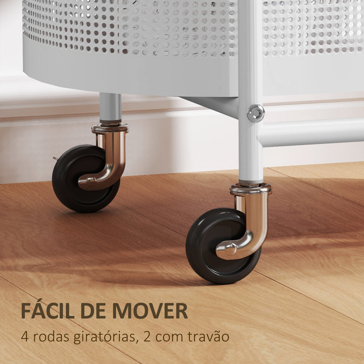 Carrinho Auxiliar com Rodas Carrinho de Cozinha de 3 Níveis Carrinho de Armazenamento com Cesta e Prateleiras Carga 30 kg para Sala de Jantar Sala de Estar 49,5x32,5x82,5 Branco e Madeira