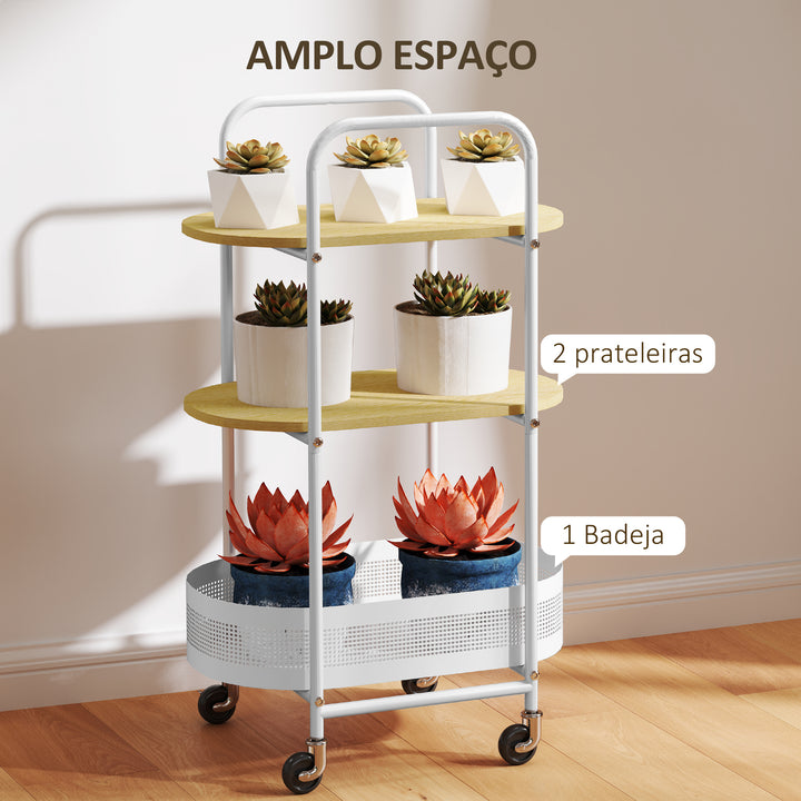 Carrinho Auxiliar com Rodas Carrinho de Cozinha de 3 Níveis Carrinho de Armazenamento com Cesta e Prateleiras Carga 30 kg para Sala de Jantar Sala de Estar 49,5x32,5x82,5 Branco e Madeira