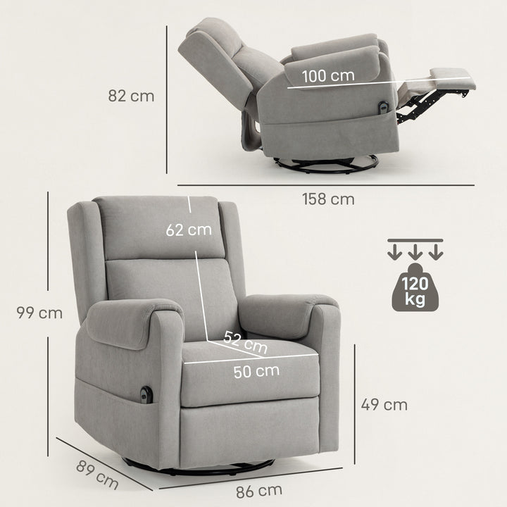 Poltrona Relax Reclinável Elétrica Giratória e Basculante com Apoio para os Pés Ajustável Controlo Remoto Acolchoamento Espesso Tecido Chenille para Quarto Sala de Estar 86x89x99 cm Cinzento Claro