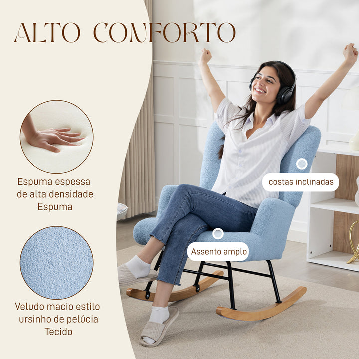 Poltrona Baloiço em Borrego Poltrona para Amamentação com Encosto Capitonê e Base de Madeira de Borracha Carga 120 kg Poltrona para Sala de Estar Dormitório 65x88x87 cm Azul Claro