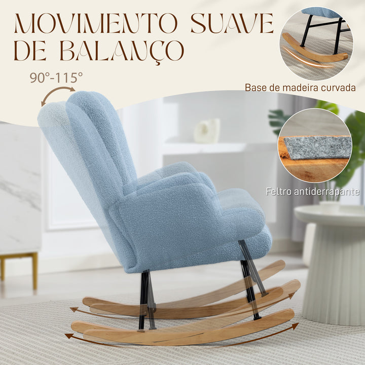 Poltrona Baloiço em Borrego Poltrona para Amamentação com Encosto Capitonê e Base de Madeira de Borracha Carga 120 kg Poltrona para Sala de Estar Dormitório 65x88x87 cm Azul Claro