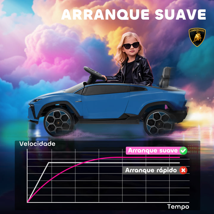 Carro Elétrico para Crianças acima de 3 Anos Lamborghini Infantil a Bateria 12V com Controlo Remoto 2,4G Motor Duplo Rodas com Suspensão Portas Estilo Tesoura Faróis Música USB 101,5x49x43 cm Azul