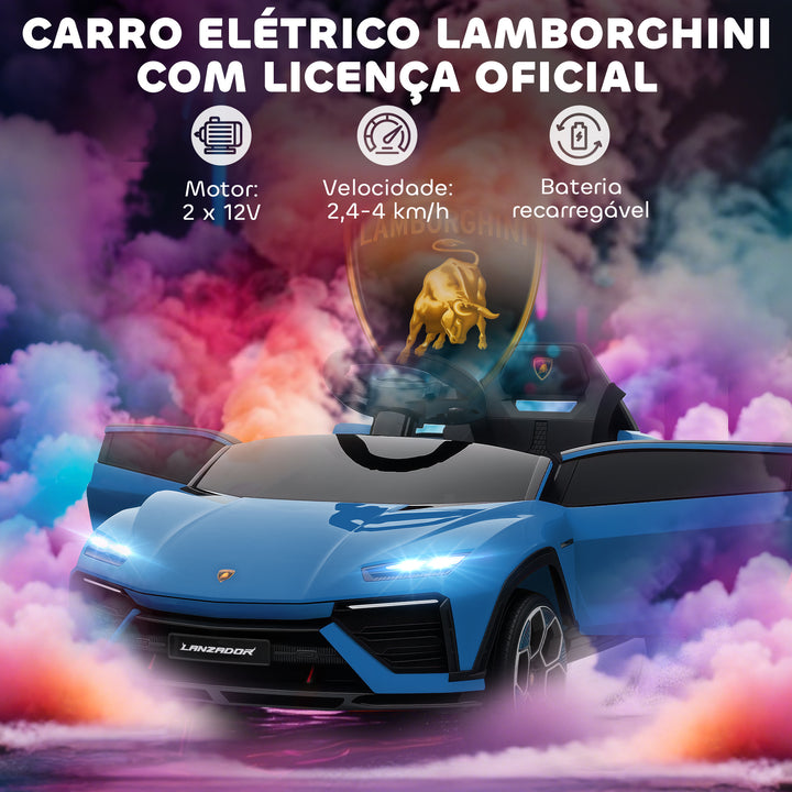 Carro Elétrico para Crianças acima de 3 Anos Lamborghini Infantil a Bateria 12V com Controlo Remoto 2,4G Motor Duplo Rodas com Suspensão Portas Estilo Tesoura Faróis Música USB 101,5x49x43 cm Azul