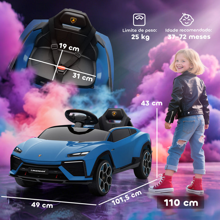 Carro Elétrico para Crianças acima de 3 Anos Lamborghini Infantil a Bateria 12V com Controlo Remoto 2,4G Motor Duplo Rodas com Suspensão Portas Estilo Tesoura Faróis Música USB 101,5x49x43 cm Azul