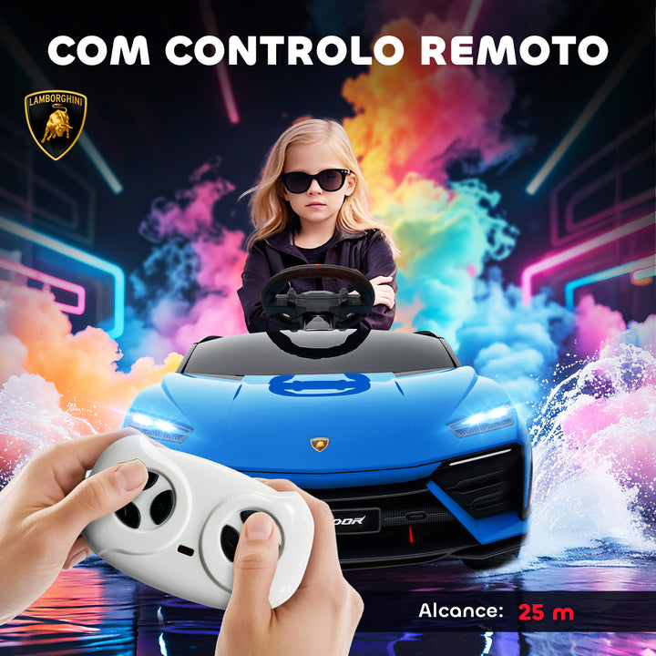 Carro Elétrico para Crianças acima de 3 Anos Lamborghini Infantil a Bateria 12V com Controlo Remoto 2,4G Motor Duplo Rodas com Suspensão Portas Estilo Tesoura Faróis Música USB 101,5x49x43 cm Azul