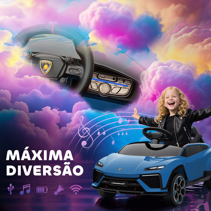 Carro Elétrico para Crianças acima de 3 Anos Lamborghini Infantil a Bateria 12V com Controlo Remoto 2,4G Motor Duplo Rodas com Suspensão Portas Estilo Tesoura Faróis Música USB 101,5x49x43 cm Azul