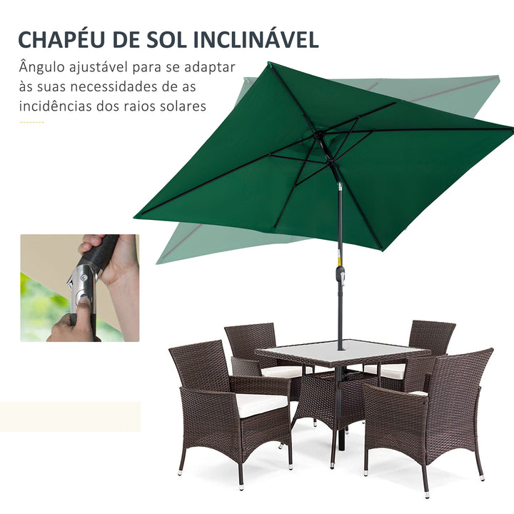 Chapéu de Sol de Alumínio 195x295x240 cm Chapéu de Sol Retangular de Jardim Inclinável com Manivela e Mastro Desmontável para Terraço Piscina Pátio Exterior Verde