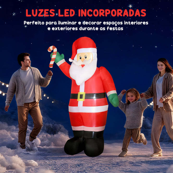 Pai Natal Insuflável 240 cm Pai Natal Insuflável com Bastão Luzes LED e Inflador Elétrico Decoração Natalícia para Exteriores e Interiores Multicor