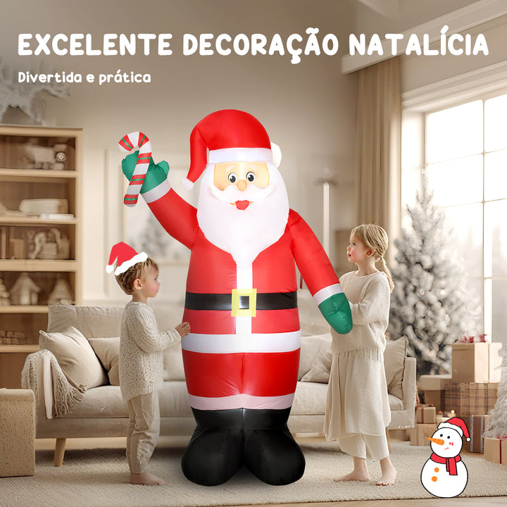Pai Natal Insuflável 240 cm Pai Natal Insuflável com Bastão Luzes LED e Inflador Elétrico Decoração Natalícia para Exteriores e Interiores Multicor