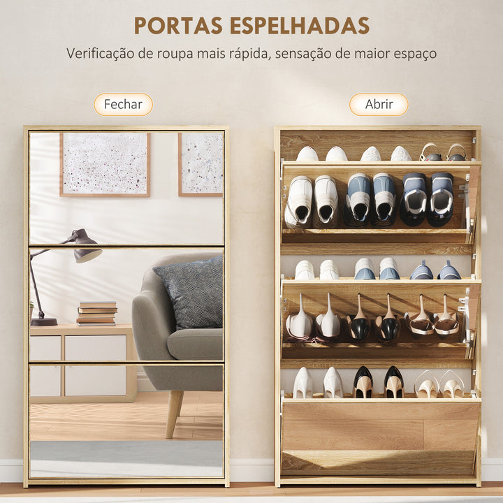 Sapateira Estreita 3 Portas com Espelho Sapateira para Entrada Corredor Para 9 Pares de Sapatos Para Corredor Espaços Reduzidos 65x17x114,5 cm Madeira