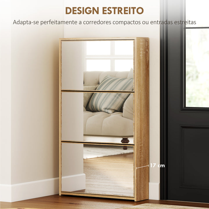 Sapateira Estreita 3 Portas com Espelho Sapateira para Entrada Corredor Para 9 Pares de Sapatos Para Corredor Espaços Reduzidos 65x17x114,5 cm Madeira