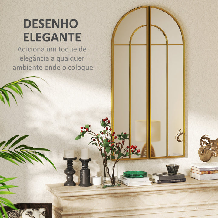 Espelho Decorativo de Parede com 2 Peças 30x120 cm Espelho em Forma de Arco e Estrutura de Metal Espelho para Sala de Estar Dormitório Entrada Dourado