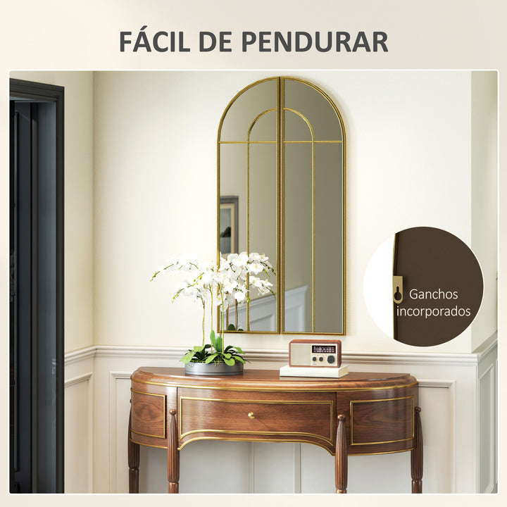 Espelho Decorativo de Parede com 2 Peças 30x120 cm Espelho em Forma de Arco e Estrutura de Metal Espelho para Sala de Estar Dormitório Entrada Dourado
