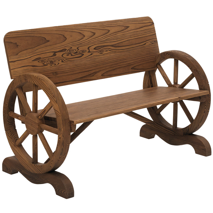 Banco de Jardim de Madeira Banco de Exterior com Apoio para os Braços e 2 Rodas Decorativas Estilo Rústico Carga 250 kg para Pátio Varanda 114x58x80 cm Marrom Carbonizado