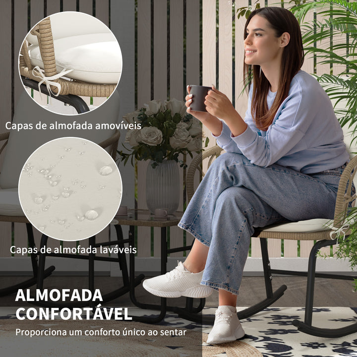 Conjunto de Móveis de Vime de 3 Peças Conjunto de Cadeiras de Baloiço de Jardim com 1 Mesa de Centro 2 Cadeiras de Baloiço e Almofadas para Jardim Varanda e Pátio Creme e Bege