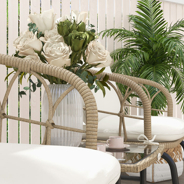 Conjunto de Móveis de Vime de 3 Peças Conjunto de Cadeiras de Baloiço de Jardim com 1 Mesa de Centro 2 Cadeiras de Baloiço e Almofadas para Jardim Varanda e Pátio Creme e Bege