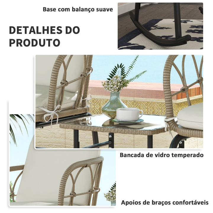 Conjunto de Móveis de Vime de 3 Peças Conjunto de Cadeiras de Baloiço de Jardim com 1 Mesa de Centro 2 Cadeiras de Baloiço e Almofadas para Jardim Varanda e Pátio Creme e Bege
