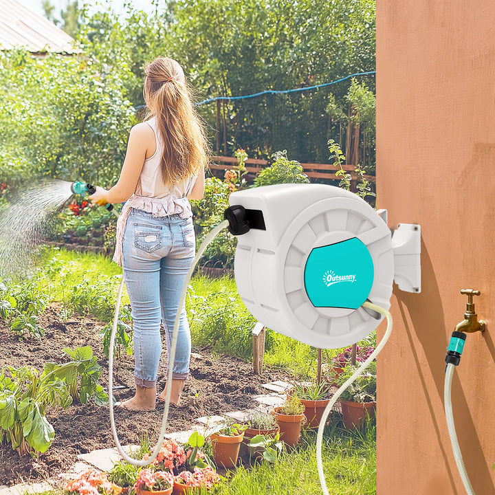 Carretel de Mangueira Retrátil de Parede Carretel de Mangueira de Jardim de 25+2 m e Bloqueio de Retorno Automático Bocal com 7 Funções e Giro de 180° 55x20x42 cm Cinza Claro