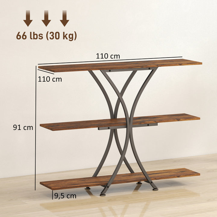 Mesa Consola de 3 Níveis Estilo Industrial com 2 Prateleiras Abertas e Estrutura Metálica em X para Entrada Consola Estreita para Sala de Estar Corredor 110x30x91 cm Castanho Rústico