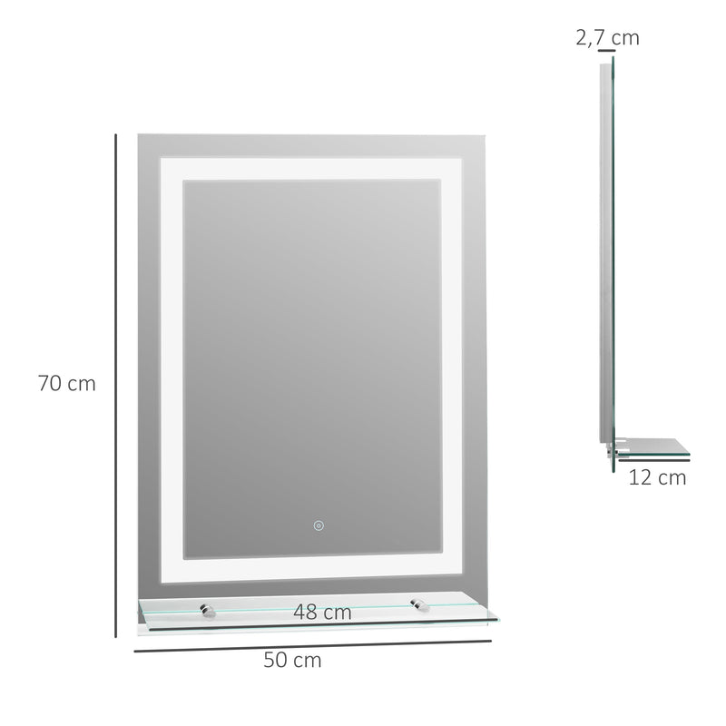 Espelho de Casa de Banho com Luzes LED 70x50 cm, Espelho para Casa de Banho com Moldura de Alumínio, Interruptor Tátil e Prateleira de Vidro para Sala de Estar, Entrada, Prata.