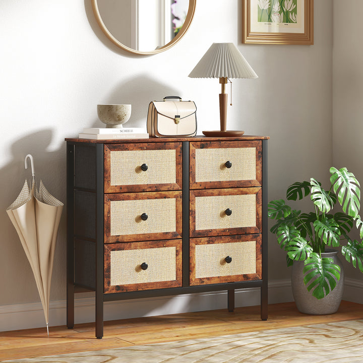 Cómoda para Dormitório Cómoda de Tecido com 6 Gavetas Dobráveis com Frentes de Vime e Estrutura de Aço Cómoda para Dormitório Sala de Estar 88x30x83 cm Marrom Rústico
