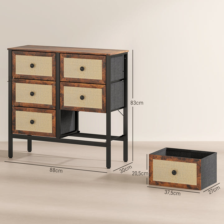 Cómoda para Dormitório Cómoda de Tecido com 6 Gavetas Dobráveis com Frentes de Vime e Estrutura de Aço Cómoda para Dormitório Sala de Estar 88x30x83 cm Marrom Rústico