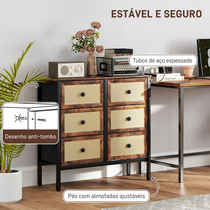 Cómoda para Dormitório Cómoda de Tecido com 6 Gavetas Dobráveis com Frentes de Vime e Estrutura de Aço Cómoda para Dormitório Sala de Estar 88x30x83 cm Marrom Rústico
