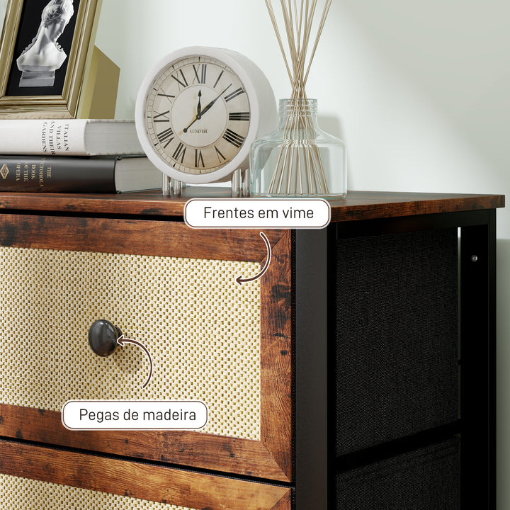 Cómoda para Dormitório Cómoda de Tecido com 6 Gavetas Dobráveis com Frentes de Vime e Estrutura de Aço Cómoda para Dormitório Sala de Estar 88x30x83 cm Marrom Rústico