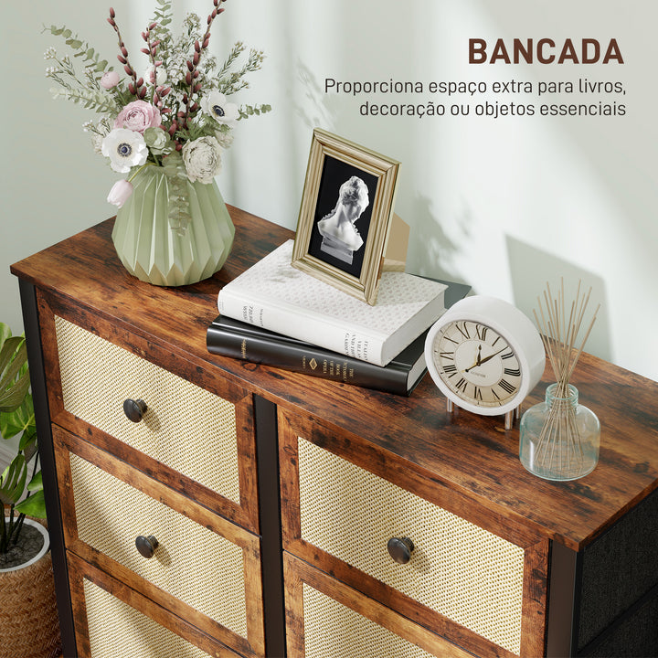 Cómoda para Dormitório Cómoda de Tecido com 6 Gavetas Dobráveis com Frentes de Vime e Estrutura de Aço Cómoda para Dormitório Sala de Estar 88x30x83 cm Marrom Rústico