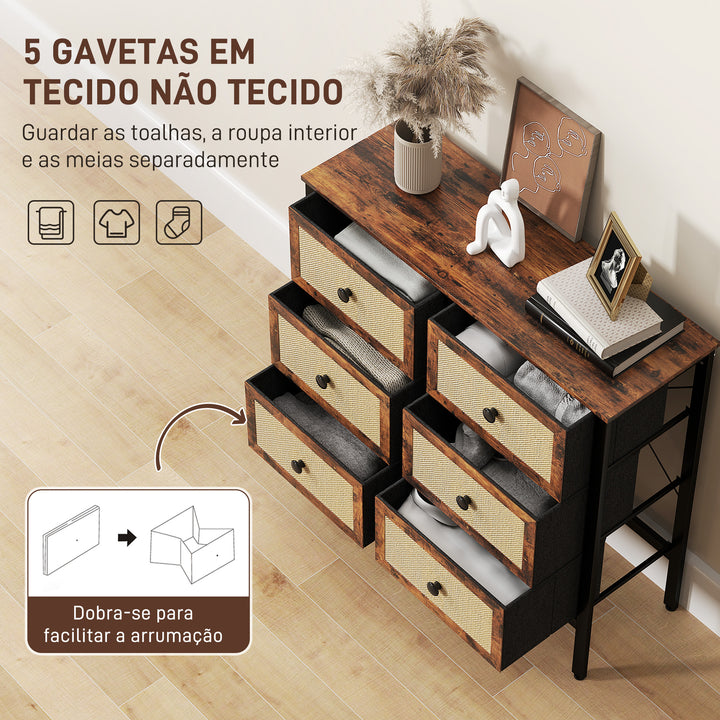 Cómoda para Dormitório Cómoda de Tecido com 6 Gavetas Dobráveis com Frentes de Vime e Estrutura de Aço Cómoda para Dormitório Sala de Estar 88x30x83 cm Marrom Rústico